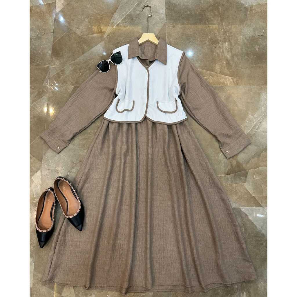 Bella Set - One Set | MIdi dress Vest Terbaru | Midi Best Seller | Midi + Rompi Crinkle MIX knit