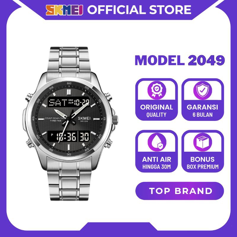 SKMEI Jam Tangan Pria Digital Analog Waterproof Alarm Stainless Steel Anti Air 2049 Original