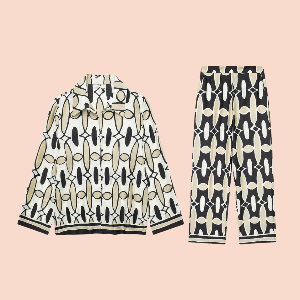 Setelan Wanita Kemeja Celana Panjang Motif Vintage Korean Geomatric Set