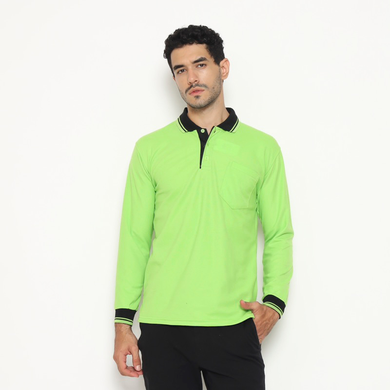 KAOS POLO SHIRT - LENGAN PANJANG - HIJAU STABILO - KERAH HITAM - SAKU