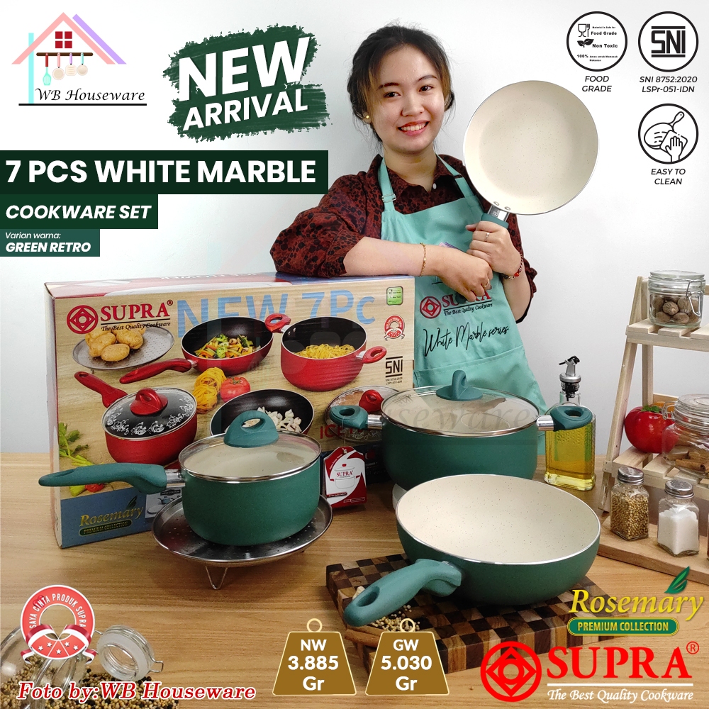 SUPRA panci set 7pcs green retro white marble series / wajan masak cookware