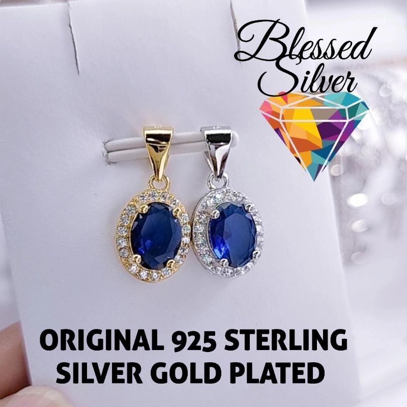 LIONTIN PERAK ASLI 925 LAPIS EMAS MODEL BATU BIRU