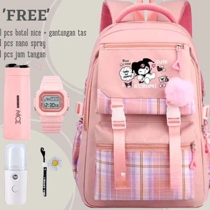 Tas ransel anak perempuan kuromi Bags tas sekolah anak botol minum nano spray jam