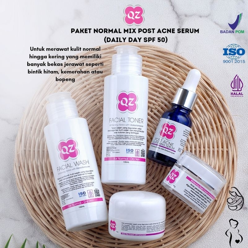 QZ PAKET NORMAL TO DRY SKIN MIX POST ACNE SERUM (BB GANTI DAILY DAY SPF 50) | Paket Skincare Untuk K