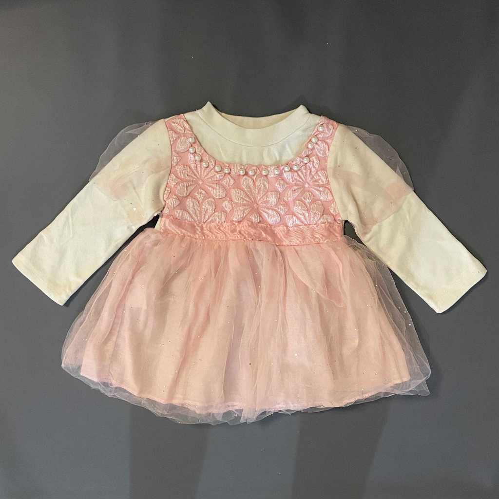 ANAK K095 (JOJO'S ADVENTURE ORI, PRELOVED) Dress Gaun Kaos O Neck Rok Tutu Mutiara Bordir Pink Putih