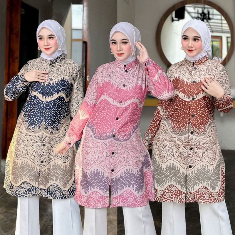 Tunik Kancing Depan Atasan Batik Wanita Modern Jumbo Seragam