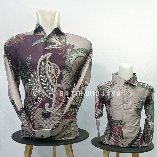 batik couple ayah anak unggu terong kombinasi cream/batik couple unngu mewah katun  premium