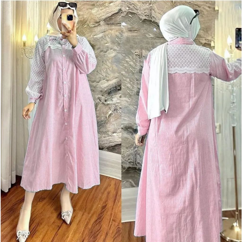Gaudi Midi Dress Kondangan Model Kekinian Bahan Katun Salur Aplikasi Brukat Midi Dress Terbaru SSF