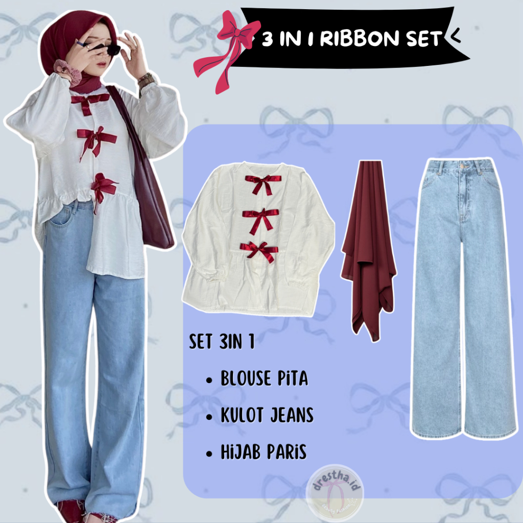 One Set Wanita Korean Blouse Pita Outer | Kulot Jeans | Hijab Paris Setelan 3in1 Merah Putih DT18
