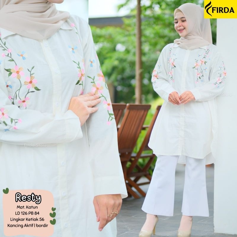 Tunik Jumbo Kemeja Blouse Wanita Putih Bordir Resty