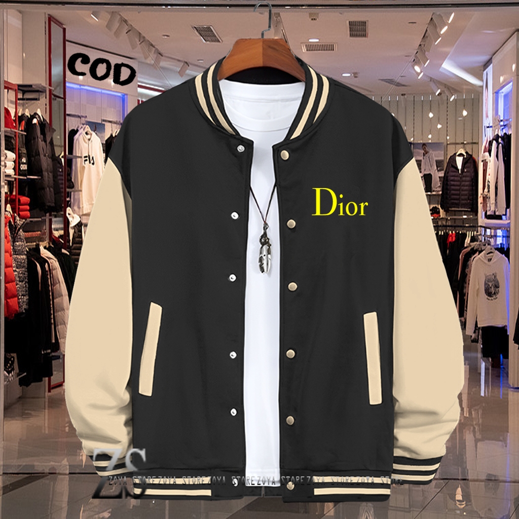 Cod Sweater Jaket Varsity Baseball Kancing Dior Text Kuning Quality Premium / Baseball Distro Pria W