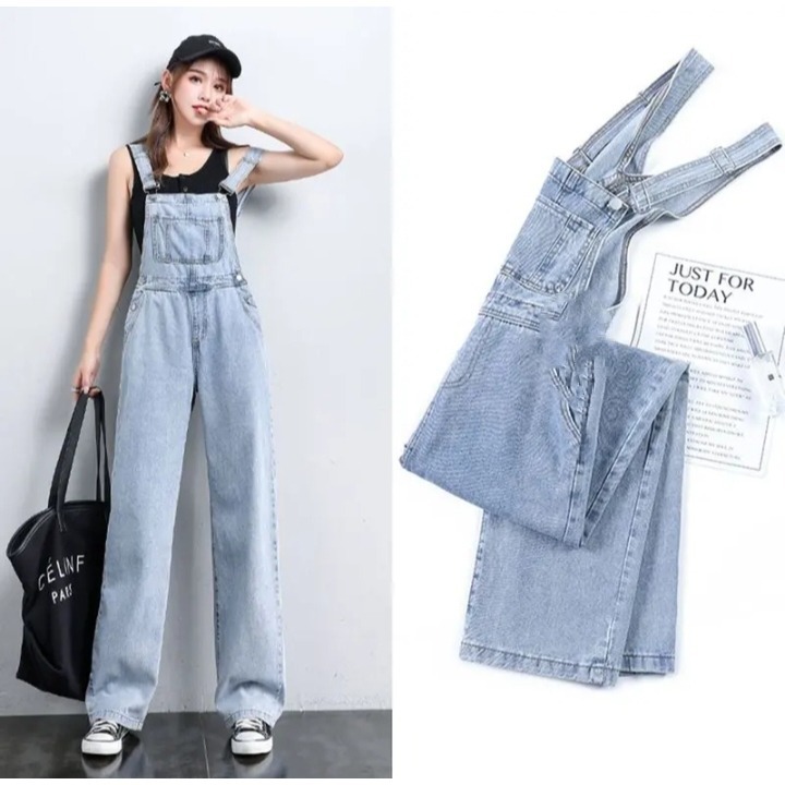Overall denim panjang Jumpsuit Celana panjang Jumpsuit Wanita Fashion Simple lucu jumpsuit longgar v