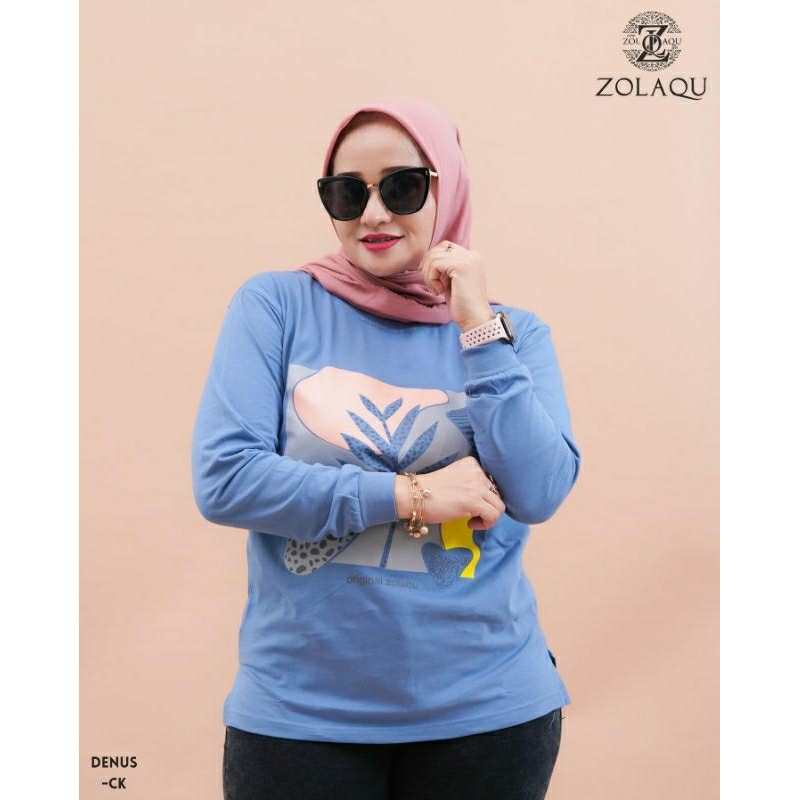 BAJU ATASAN KAOS DISTRO ZOLAQU POLOS TSHIRT BIRU DENUS TEBAL ZLQ WANITA LENGAN PANJANG KOMBINASI SET