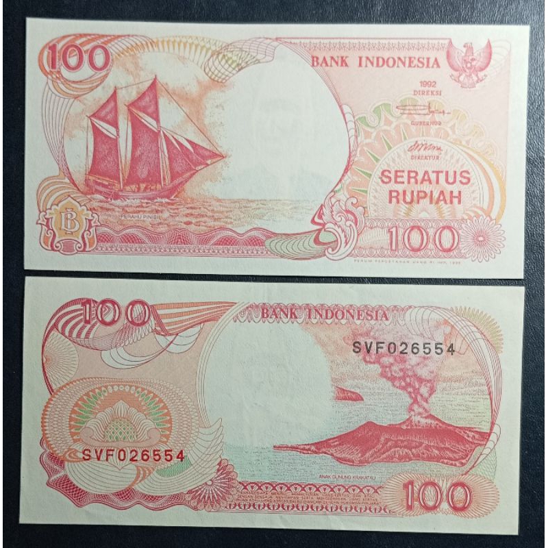 uang kuno 100 rupiah kapal pinisi th 1992 au/unc gress