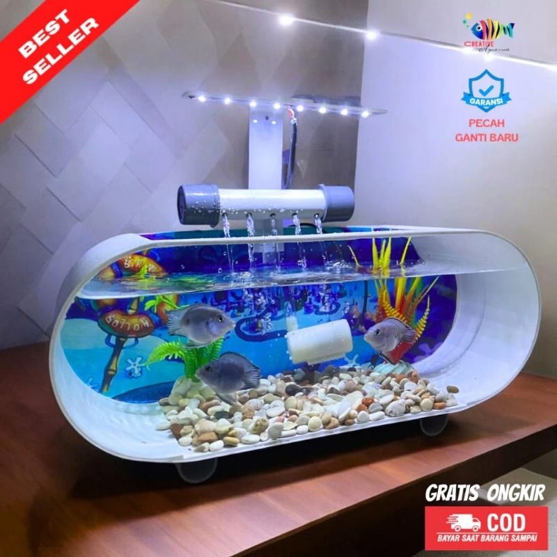 Aquarium Full Set / Aquarium Mini Akrilik Lengkap Dengan Pompa Aerator Lampu LED