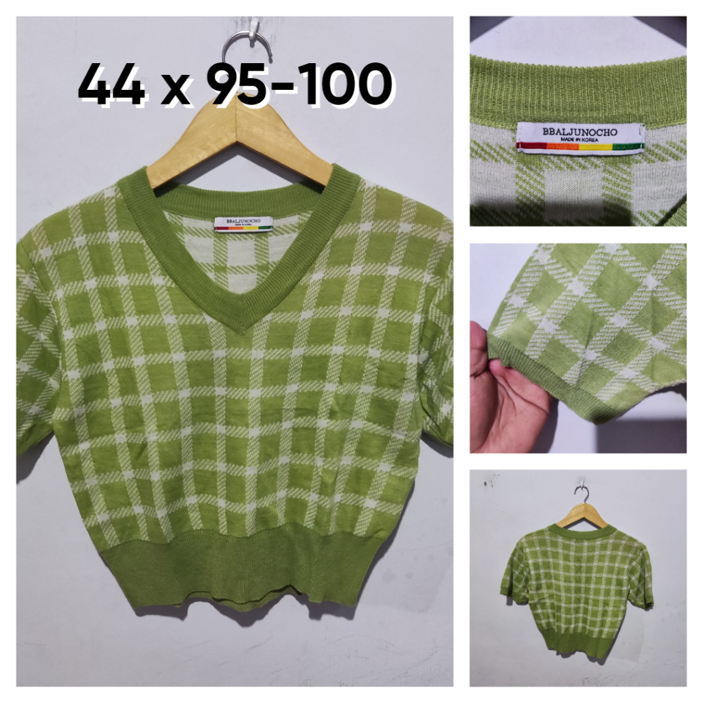 Atasan Mini Knit BBALJUNOCHO Hijau Kotak Kotak Size M Wanita Lengan Pendek ED012