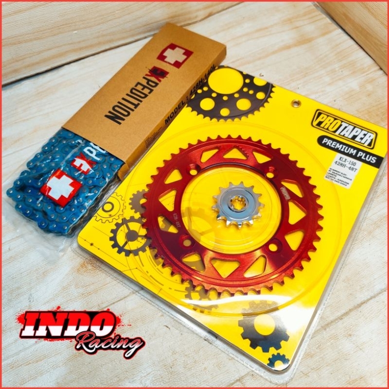 Gear Gir Set KLX 150 Dtracker 150 Protaper Merah Rantai Expedition / VZM Racing Warna Biru 140L Gir 