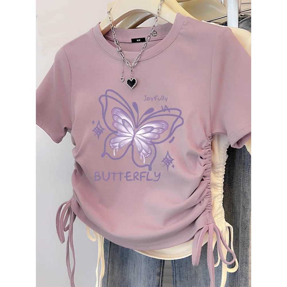 Hanaku Kaos Serut samping Wanita Crop top butterfly