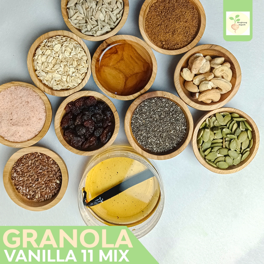 

SUPER GRANOLA 1KG - 14 MIX : VANILLA Rolled Oat, Almond, Cranberry, Pumpkin seed, Cashew , Raisin,