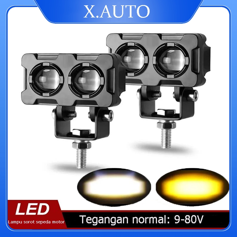 X.AUTO  Lampu Mini Sepeda Motor Lensa Cembung Persegi Dimodifikasi Lampu Dua Warna Sorot Tinggi dan 