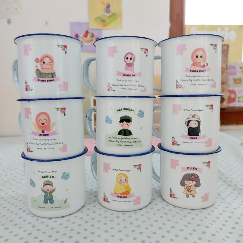 gelas mug enamel custom 3 gelas/souvenir pernikahan/hadiah mug enamel/kado wisuda/mug graduation