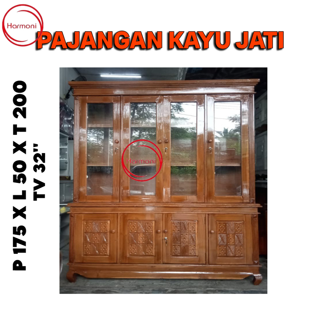 PAJANGAN 4 PINTU KAYU JATI KACA LEMARI HIAS KAYU JATI BUFET PAJANGAN KAYU 4 PINTU FREE ONGKIR SERANG