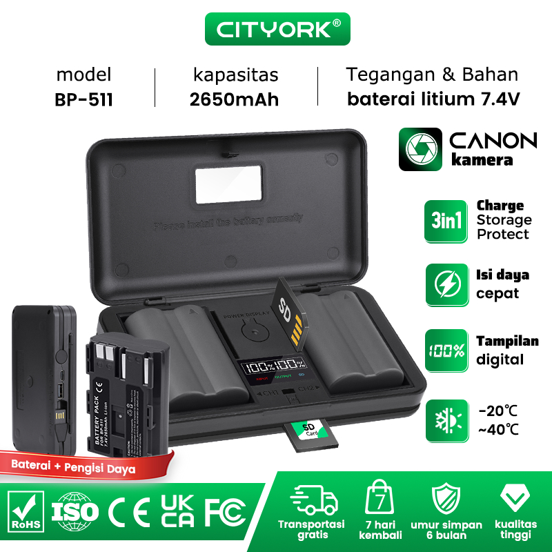 Cityork 2650mAh BP-511A BP511A BP-511 BP511 Baterai Kamera with USB LCD Battery Charger for Canon EO