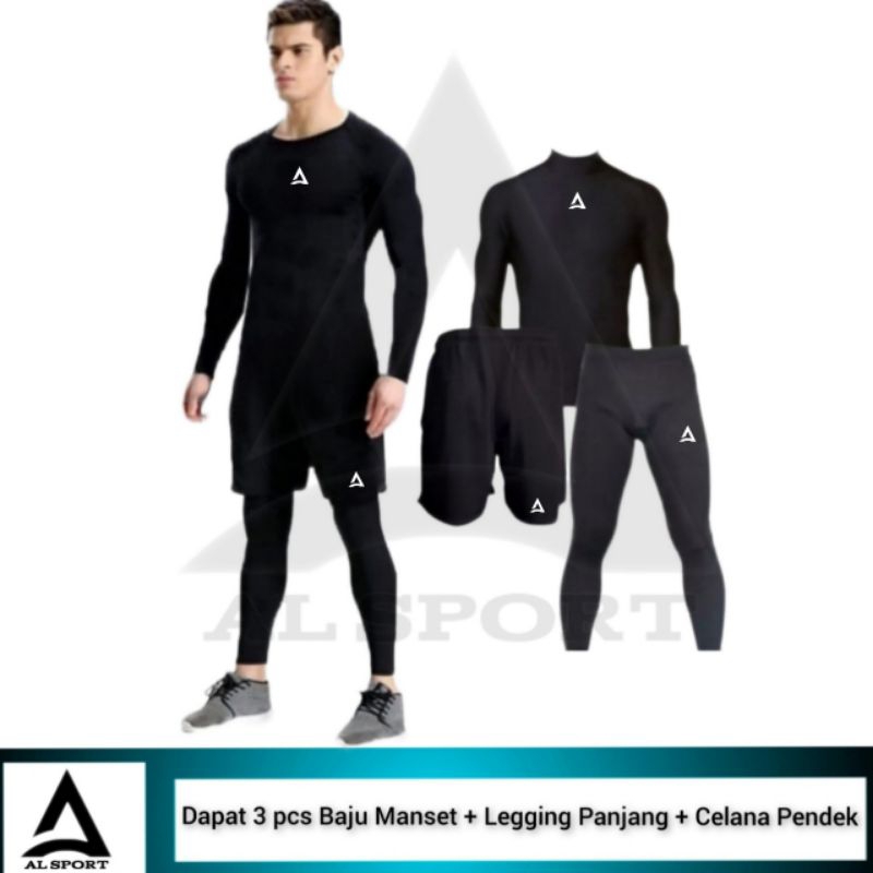 Full set Baju Manset Celana Pendek Legging Olahraga Pria Futsal Lari
