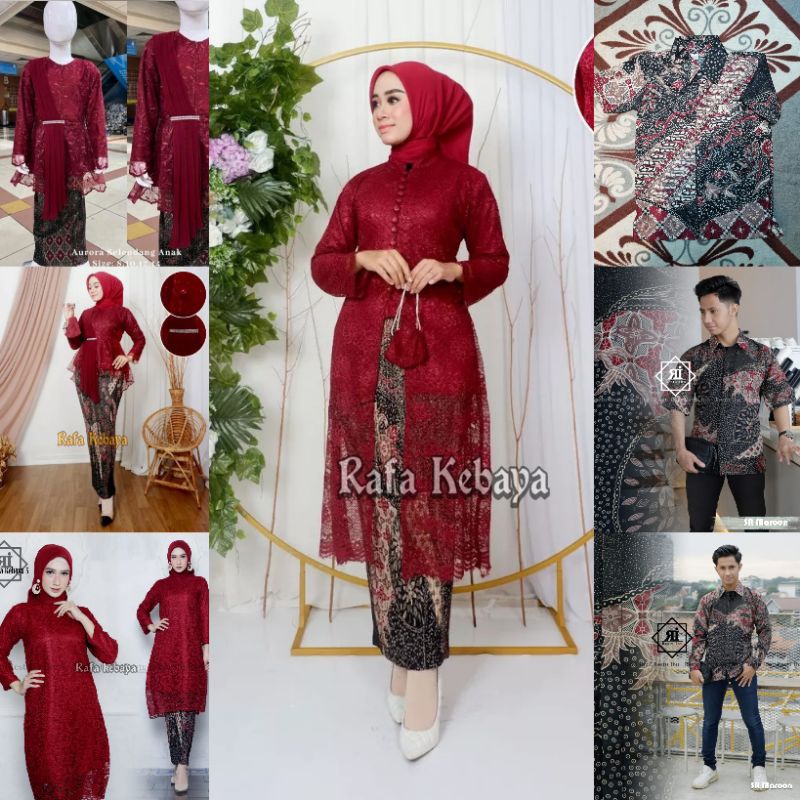 Set Couple Kebaya Tunik Brokat Busui Maron/ Kebaya Brokat Kancing Depan/ Baju Batik Couple/ Couple K