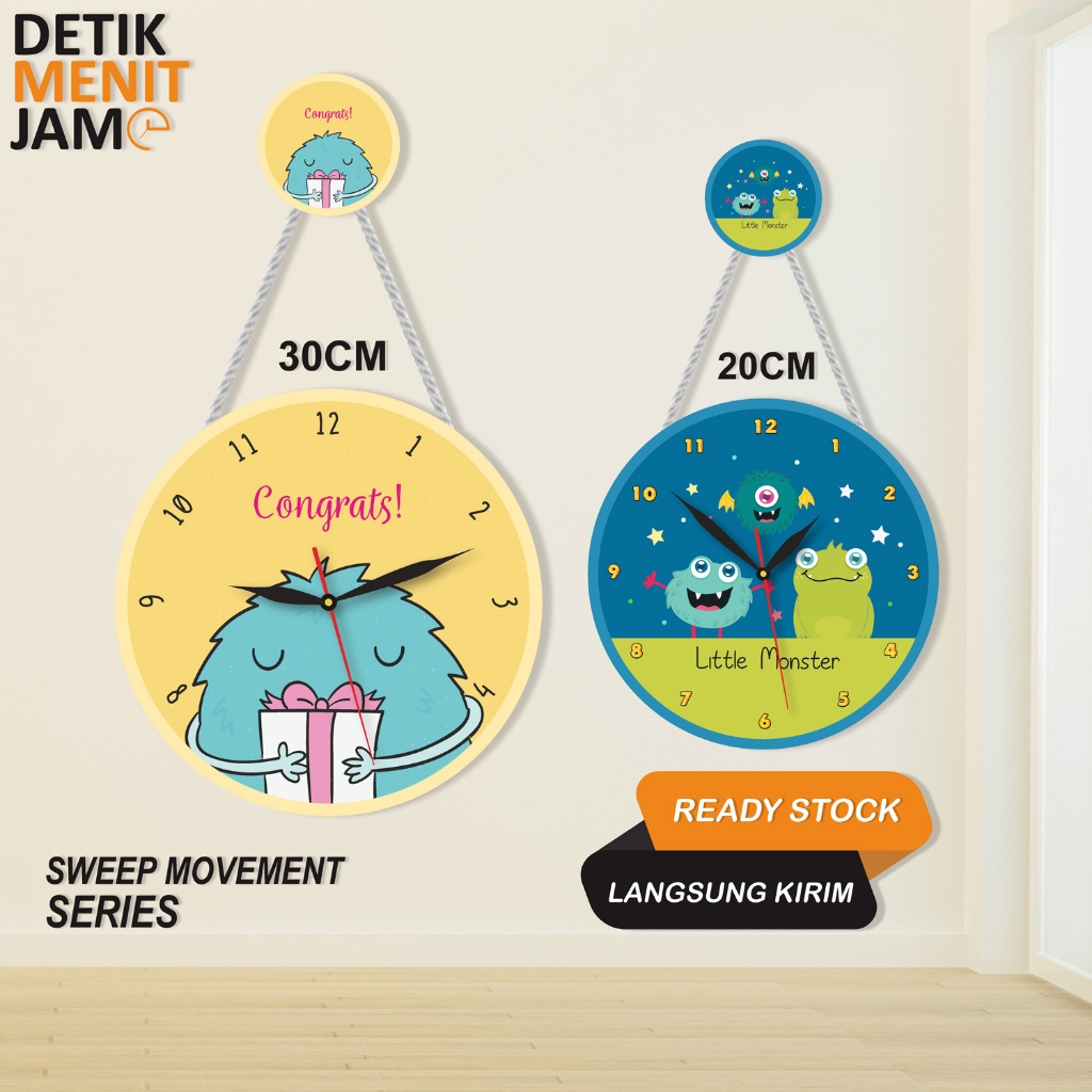 JAM DINDING 30CM GANTUNG KAYU HOME DEKOR KAMAR ANAK CEWE COWO UNIK HIASAN MONSTER LUCU MENGGEMASKAN