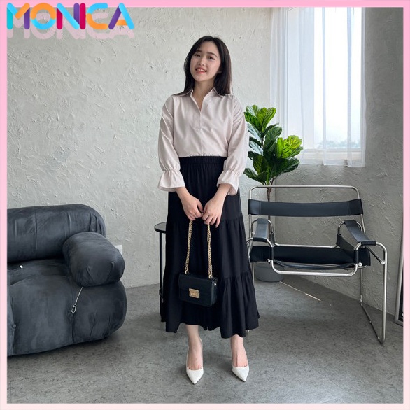 Monica Helen Ruffle Skirt,Rok Panjang Wanita,Rok Wanita Kekinian,Rok Wanita Korean Style,Rok Putih