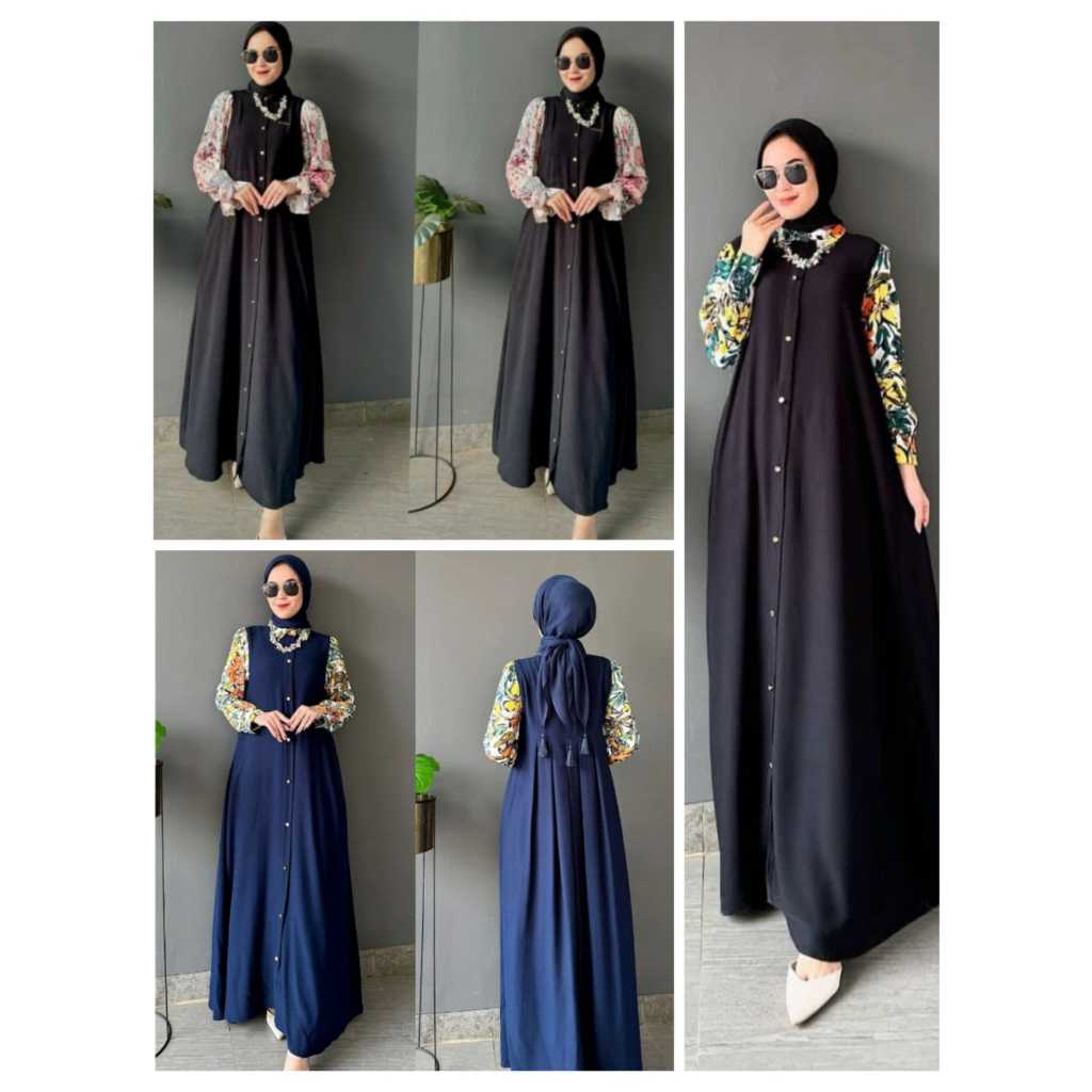 Dress Gamis Rayon Twill Premium Polos Kombinasi Motif Bunga Variasi Kancing
