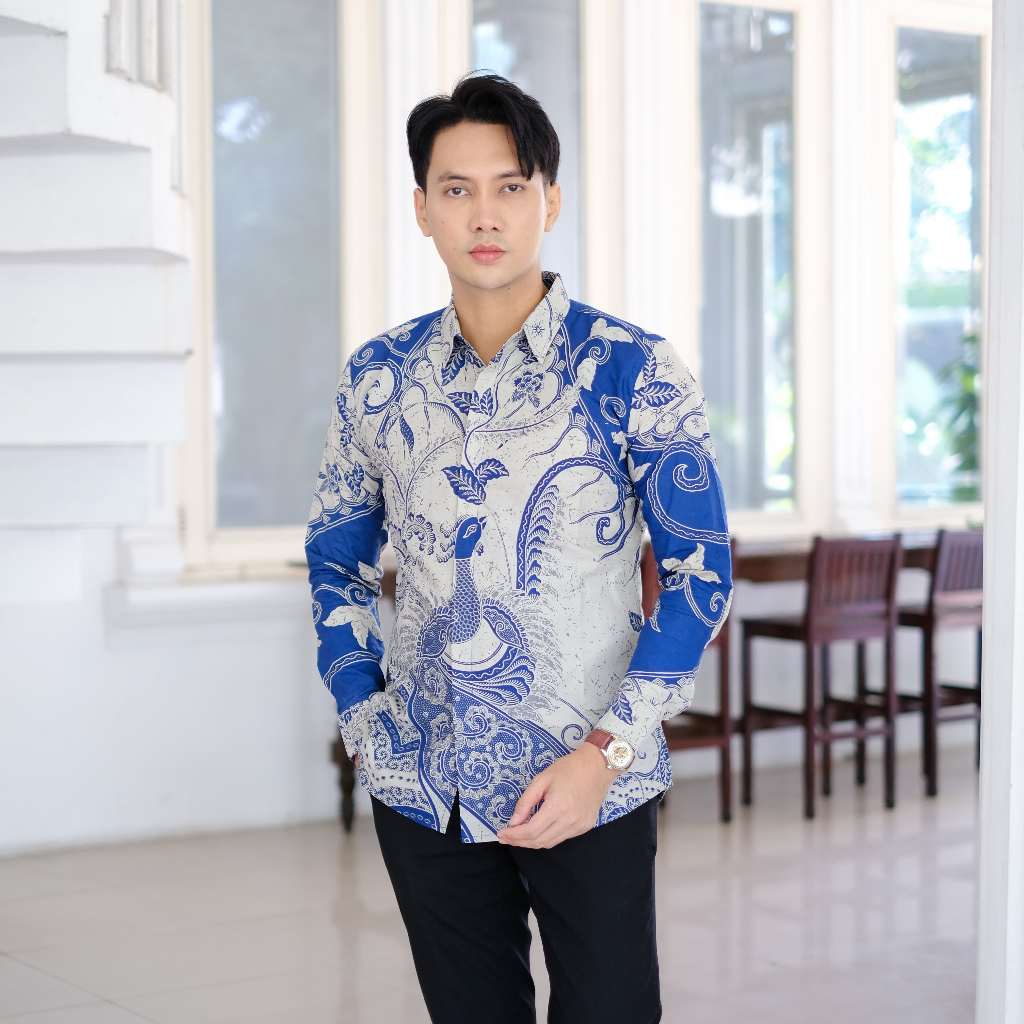 KEMEJA BATIK PRIA Motif Denim Warna Biru Denim Model Slimfit Lengan Panjang Lapis furing Baju Batik 