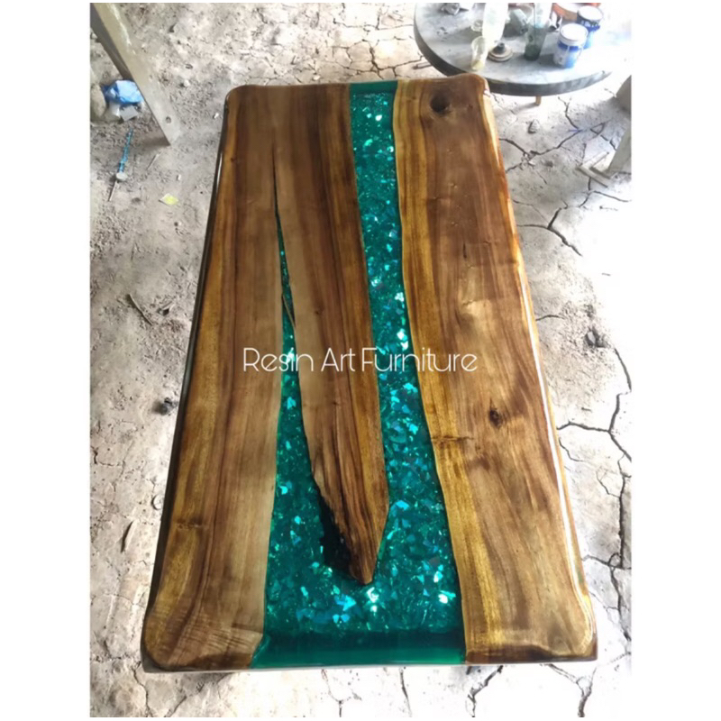 Meja Makan Trembesi Resin Motif Serpihan Kaca, Meja Makan Trembesi Resin 2 Meter, Meja Makan Resin, 