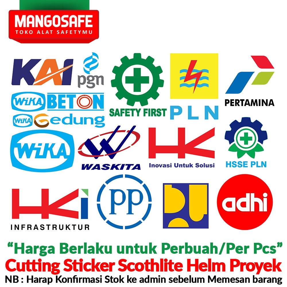 

Cutting Sticker Helm Safety Proyek Logo K3 Safety First KAI KERETA API PLN HSSE ADHI HK Hutama Waskita PP PUPR Pertamina PGN WIKA Beton Gedung / Stiker bahan Scothlite Safety Helmet