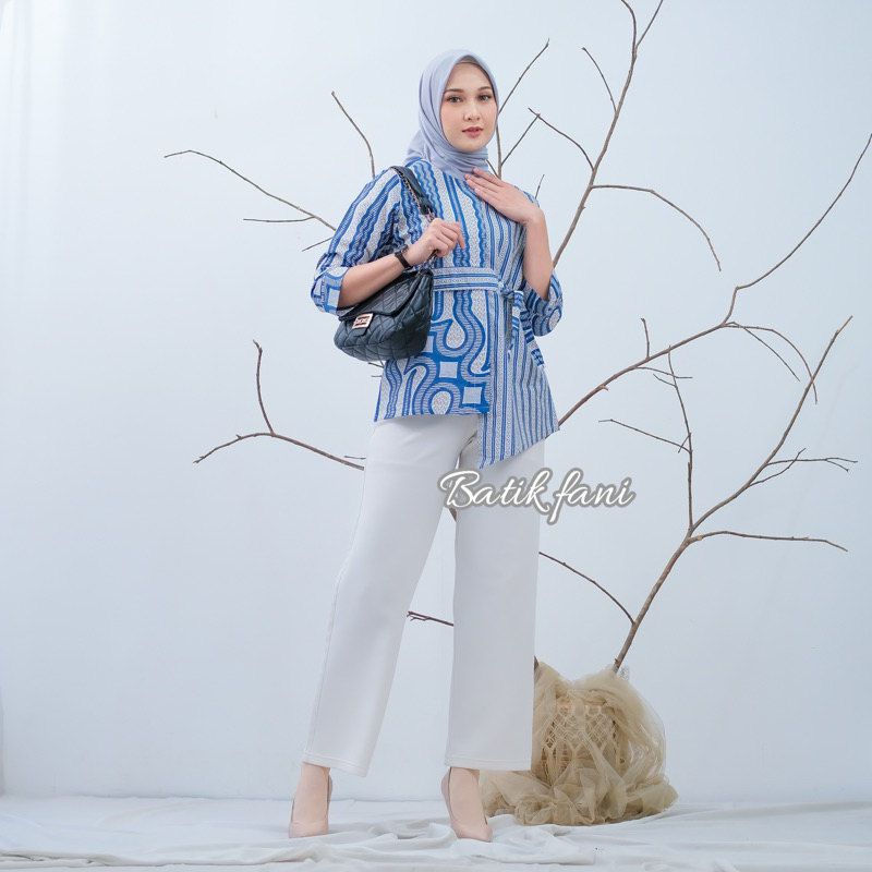 Baju Batik Wanita Motif Keris Biru Modern Monalisa Genes Asli Pekalongan Terbaru