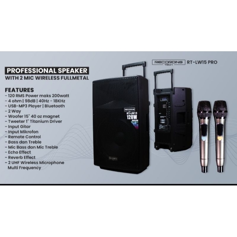 SPEAKER PORTEBEL 15INCH RECODING TECH RT LW15PRO (FREE BUSA MIC TEBAL 2PC)