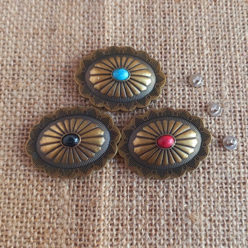 Antique Brass Flower Shape Pattern Oval Color Button Beads Concho Wallet Bag Belt Leather Craft Acce