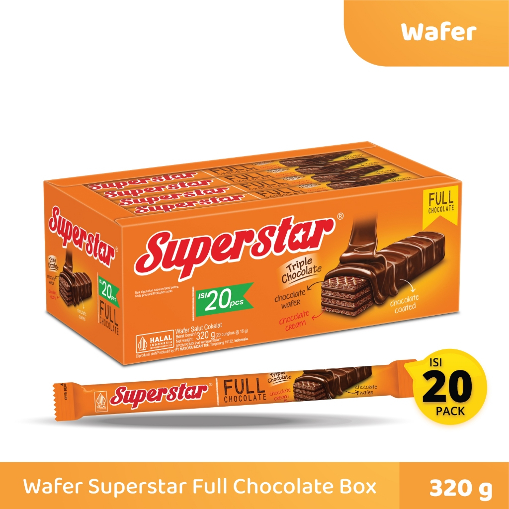 

Wafer Superstar Full Chocolate Box Isi 20 pcs Wafer Biskuit Cokelat