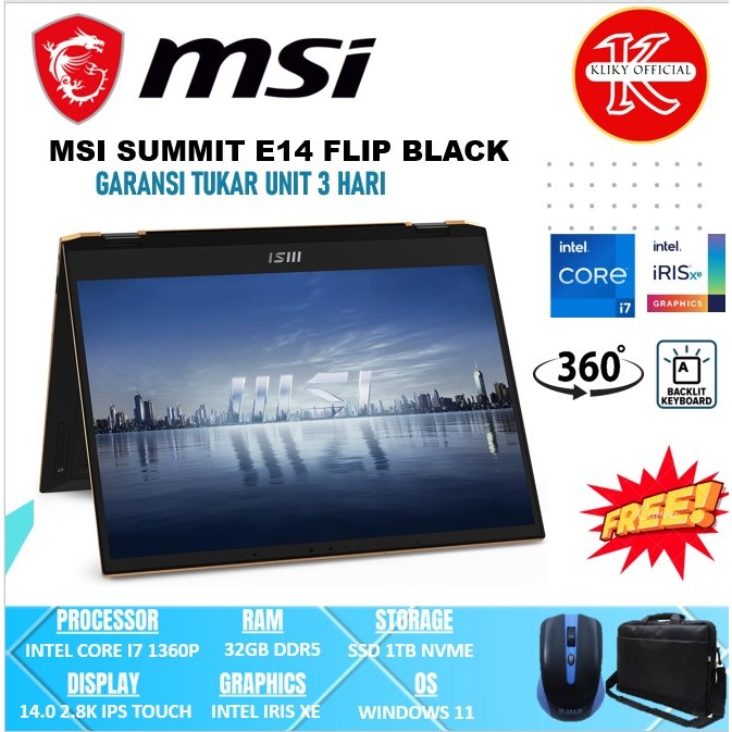 Laptop Tipis Msi Summit Evo I7 1360 32GB SSD1TB TOUCHSCREEN BLACK