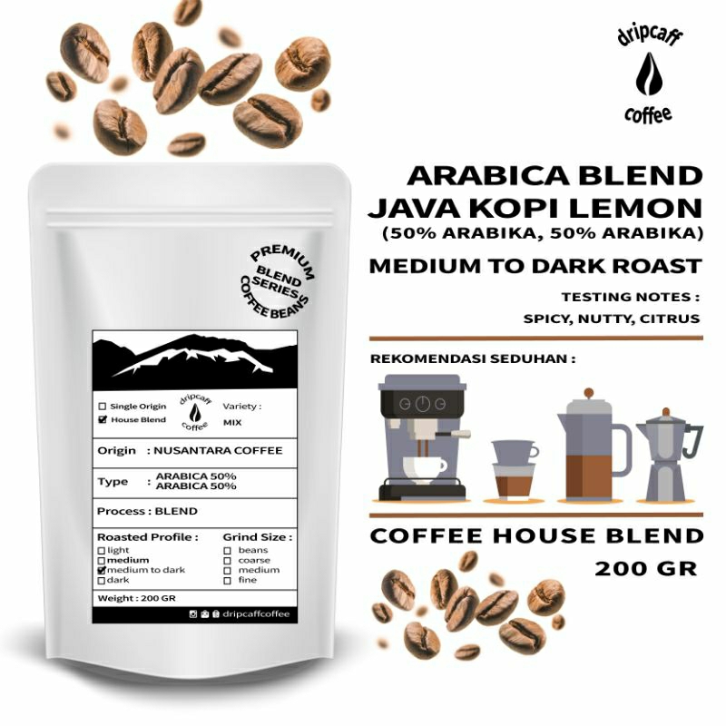 

DRIPCAFF Full Arabika Blend 200 Gr Premium Java Kopi Lemon Med To Dark Bubuk / Beans Grade 1