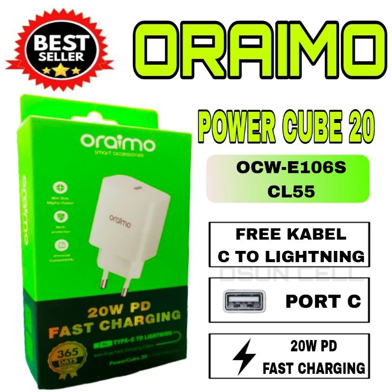 Oraimo Charger Travel Adapter 20W OCW-E106S+CL55 / OCW-5202EL Powercube 20 Single Port Type-C to Lig