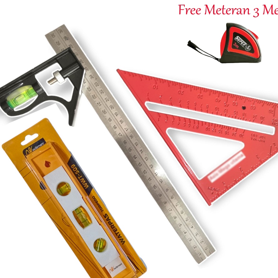 

PROMO SPESIAL 3ITEM Penggaris Tukang Siku Mistar Multifungsi ada Waterpass penggaris Siku Segitiga 7 Inch Waterpass Torpedo Free Meteran 3M