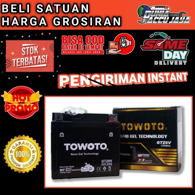 Aki motor kering NANO GEL TOWOTO original ytz6v gtz6v 6ah 12v matic kopling bebek Honda New Sonic Ho