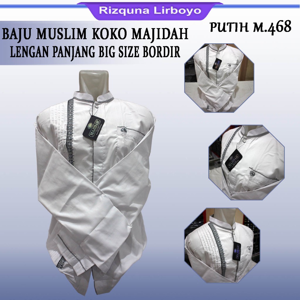 Baju Koko Muslim Pria Putih BORDIR Lengan Panjang JUMBO,BIG SIZE majidah M.468