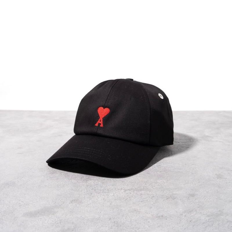 Original Ami Paris Red Ami de Coeur Embroidered Logo Cap in Cotton Gabardine with Peach Effect