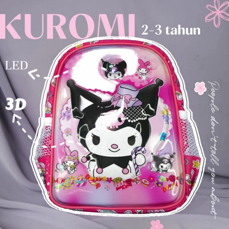 Tas anak perempuan KUROMI PITA PAUD 3d+LeD 1 RUANG, tas anak PAUD 1-3tahun karakter lucu terbaru.