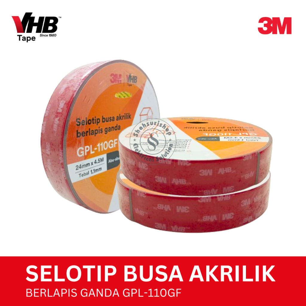 

VHB DOUBLE TAPE MERAH BUSA AKRILIK 3M 3 M ORIGINAL BERLAPIS GANDA 24mm x 4,5M TEBAL 1,1mm GPL-110GF