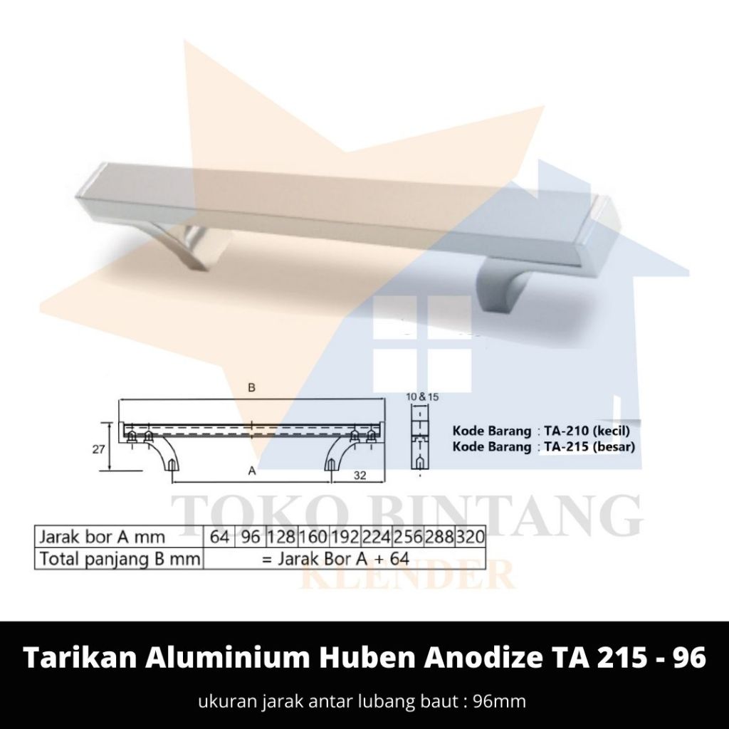 Huben Handle Tarikan Laci Pintu Lemari Alumunium Anodize TA 215-96