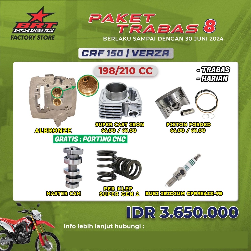 PAKET TRABAS 8 CRF 150/VERZA BORE UP 189/210 CC BRT – HEAD ALBRONZE PORTING CNC + BLOK PISTON + MAST
